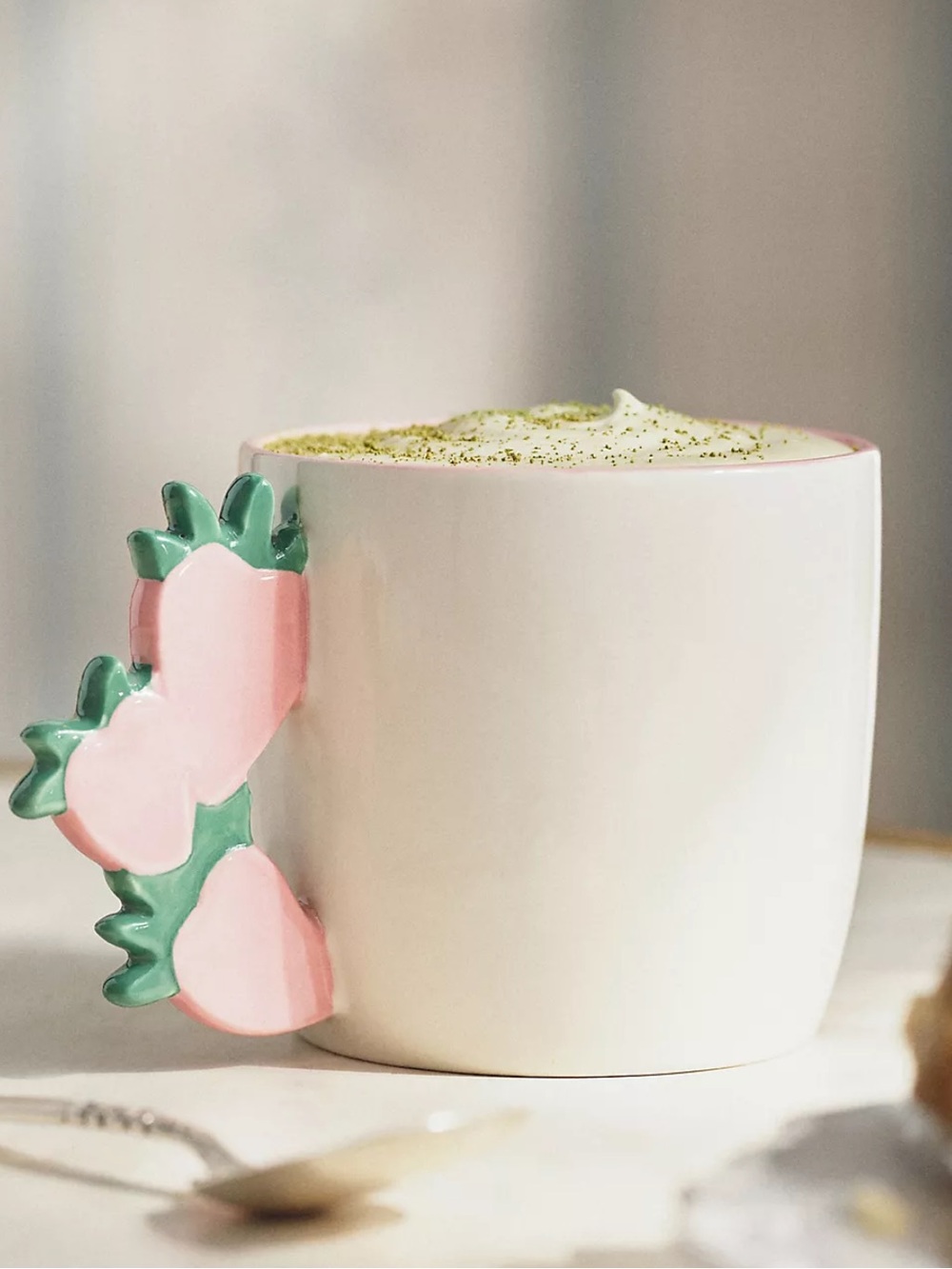 Anthropologie Skylar Stoneware Mug with Pink Green Strawberry Handle